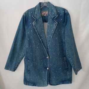 Vintage 80s Rhinestone Denim Blazer Jacket M Opal By Hot Property Women's Medium
